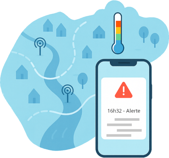 Image d'illustration comportant un carte stylisée, avec des points de mesures, une jauge d'alerte disposée au dessus vert au rouge et la visuatlition de l'alerte envoyée sur un téléphone mobile